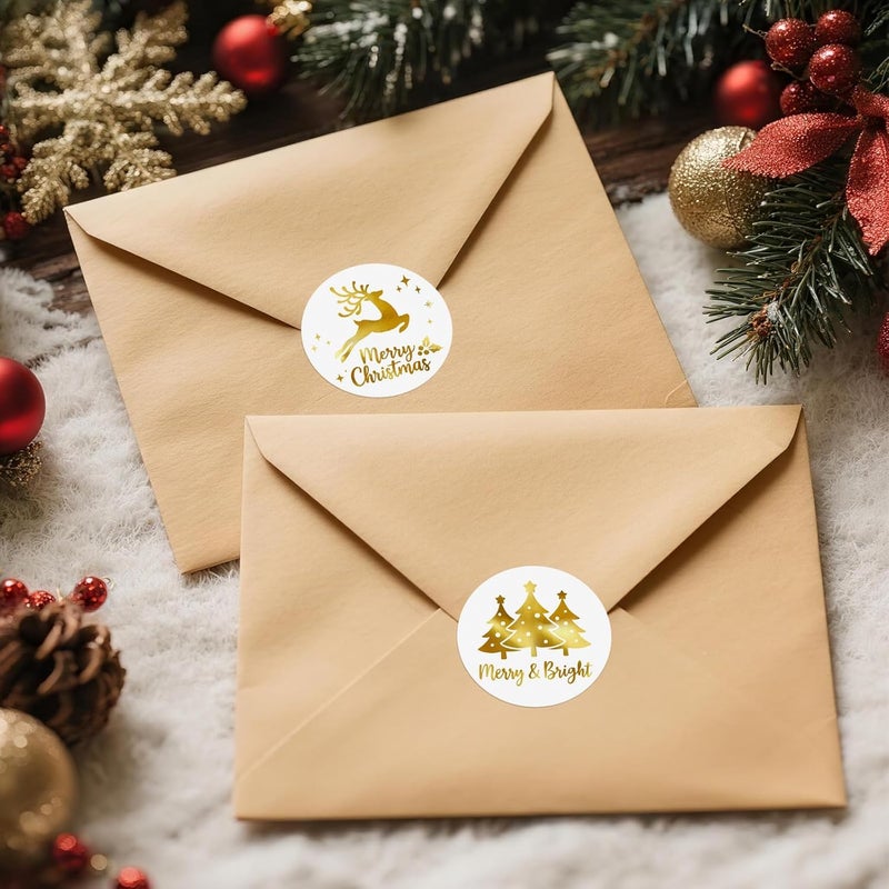 Alynta Merry Christmas Stickers - 2 Inch 120Pcs Gold Foil Holiday Stickers Merry and Bright Sticker Large Round Christmas Tree Snowflake Snowman Labels for Envelope Seals Cards Ornaments (White) - Image 4